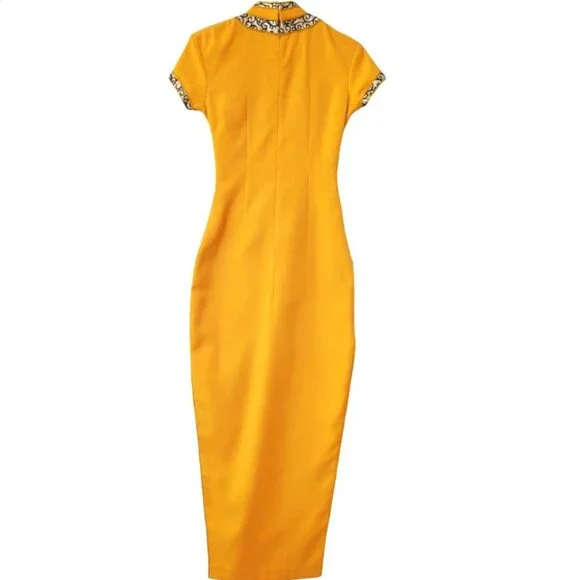 Golden Brocade Mandarin Qipao Dress – Elegant Cheongsam style Formal Wear - Picture 2 of 12